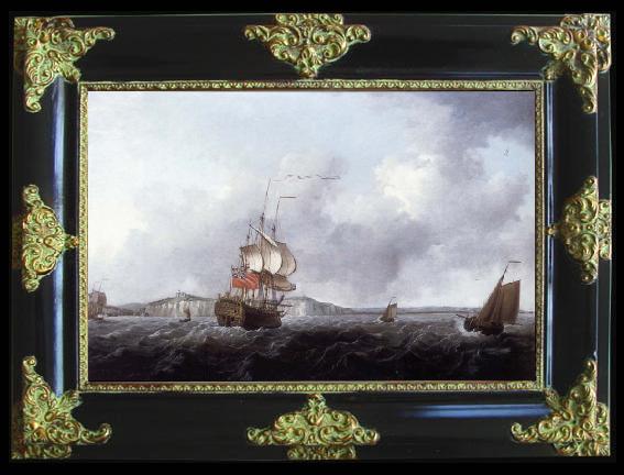 framed  Francis Swaine A large two-decker and a cutter off Dover, Ta119
